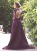 Gorgeous Purple Evening Dresses Long Sleeves Hollow Back Sweep Train Prom Gowns Sheer with Hand made Flower