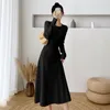 Casual Dresses Autumn Winter Thick Knitted Office Lady O Neck Solid Woolen Sweater Dress Women Fashion A Line Slim Party Long