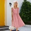 Casual Dresses Summer Solid Color Vintage Dress Ruffled ärmlös fest Rund hals Big Swing 2023 Hög midja A-Line