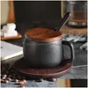 Mugs 250Ml Creative Black Matte Coarse Y Coffee Cup With Wooden Saucer Spoon Kit Brief Ceramic Drinkware Office Tea Water Drop Deliv Dhyka