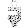 One Pieces One-Piece Badkläder för flickor Halter Neck Mjölkko Mönster Print barn Bandage Swimming Barnstrand Jumpsuit 4-14 år