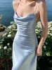 Casual Dresses 2023 Summer Sexy Ice Blue Satin Strap Backless Silk Dress