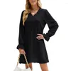 Robes décontractées Femmes manches longues col en V robe courte mode fluide mini petit point taille haute coupe ample babydoll