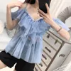 Bluzki damskie Summer Kobiety moda koronkowe siatka Ruffle seksowne koszulę bluzki Panie Off-righer Low Cut Lose Top garnitury