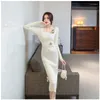 Casual Dresses Knitting Solid Sweater Women Slitklänning Bodycon Sexig Maxi Streetwear Full Sleeve Square Collar Female Clothes F22