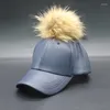 Berets Natural Raccoon Fur Pom Wholesale Pu Leather Hip- Visor Winter Usisex Creative Custy Capt Cap Multi Colors Hat