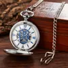 Relojes de bolsillo Reloj Mecánico con números romanos para hombres y mujeres esqueleto calavera Dial Reloj caja de regalo Fob cadena colgante Mechanisch Zakhorloge