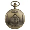 Relógios de bolso Índia Taj Mahal Display Bronze Requintado Relógio Pingente de Colar de Quartz Full com Item de Local de Cadeia de Fobra