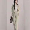 女性の2ピースパンツZawfl高品質2023秋の1つのボタンノッチソリッドブレザーコートロングパンツオフィスワークグリーンセットスーツ