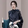 Women's Blouses Office Lady Spring Chiffon Shirts Runway Women's Lace-Up Bow Elegant Black Camicia Mujer Vintage Long Sleeve Solid Tops