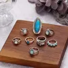 Pierścienie zespołowe 8pcs/Zestaw Vintage Bohemia Silver Turquoises Zestaw kostki dla kobiet geometrycznych opal midi