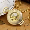 Pocket Watches Golden Retro Antique Round Automatisk mekanisk klocka FOB -kedja handlindning för män kvinnor