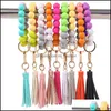 Key Rings Soild Color Sile Elastic Beaded Wristlet Bracelet Personalized Tassel Bangle Jewelry Wrist Strap Q265Fz Drop Delivery Dhnur