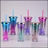 Tumblers New350Ml As Doublelayer Plastic Tumbler Gradient Color Mermaid Tail Electroplated Sequined Water Cups With Sts Sea Way Rrd1 Ott5S