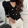 Malhas femininas 2023 Spring Halter Halter Double Sweater Mulheres Moda coreana Moda longa Manga longa Cardigã branco Cardigan CRUPO FEMME