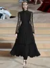 Sıradan Elbise Tasarımcı Moda Bahar Sonbahar Yüksek Kaliteli Kadınlar Vintage Zarif Şık Parti Tatil Dantel Uzun Kollu Midi Elbise