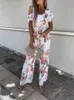 Work Dresses Elegant Off Shoulder Ruffle Beach Jumpsuits Sexy Floral Print Hollow Strap Playsuit Summer Casual Tie-up Wide Leg Loose Overall