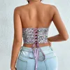 Women's Tanks & Camis Summer Retro Purple Floral Corset Women Front Buckle Ruched Lace-up Backless Crop Tops Off Shoulder Bandeau Vest Y2K H