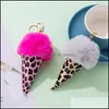 Key Rings Fashion Leopard Cone Fluffy Pompom Ice Cream Keychains Sieraden Cartoon pluche Paarden Dames Auto Keyfobs P383FA Drop Delivery Dheod