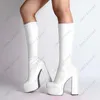 Heelslover New Fashion Women Spring Knee Boots Chunky Heels Round Toe Elegant Black Red Burgundy Club Shoes Ladies US Size 5-15