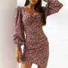 Casual Dresses Fashion Printing Slim Bag-hip Dress V-neck Waist Pleated Club Vestidos Puff Sleeve Cross-split Mini Party Women Outfits 3