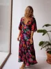 Casual Dresses 2023 Boho Floral Printed V-hals Kort ärm Självbälte bomullsklänning Tunika Kvinnor Summer Clothes Wear Maxi A1341