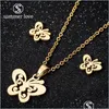 Anhänger Halsketten Niedliche Schmetterlingskette Necklece Ohrstecker Set für Frauen Mädchen Gold Silber Edelstahl Baumeln Schmuck Drop Delive Dhbkz