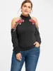 Women's T Shirts ROSEGAL Mock Neck Floral Embroidered Cold Shoulder T-shirt Black Women's Plus Size Long Sleeves Tops Fashion Streetwear