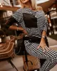 Women's Two Piece Pants Houndstooth Print Zip Detail Long Sleeve Top & Set Women 2pcs Clothes Suit Sweatshirt Pencil