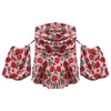 Blouses voor dames schuift nek nek bladerdeeg mouwen kort shirt dames zomervakantie bloemen ontwerp zoet uit schouder korte mouwen tops trendy