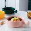 Bowls Nordic Ceramic Salad Bowl With Handle Breakfast Fruit Solid Color Dessert Soup Noodle Microwave Kitchen Tableware