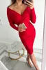 Casual jurken sexy bodycon feestjurk vrouwen herfst mode solide diep v-neck slanke pakket met lange mouwen heup geplooide midi femme vestidos