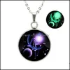 Pendentif Colliers Glow In The Dark 12 Signe du Zodiaque Pour Femmes Hommes Acier Inoxydable Horoscope Verre Cabochons Chaînes Mode Lumineux Dr Otqmw