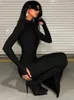 Robes décontractées Robe noire côtelée élégante pour femmes Automne Hiver 2023 Streetwear Femme Manches longues Slim Bodycon Slit Soirée Soirée