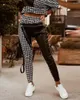 Women's Two Piece Pants Houndstooth Print Zip Detail Long Sleeve Top & Set Women 2pcs Clothes Suit Sweatshirt Pencil