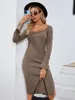 Robes Décontractées Simplee Sexy Flare Manches Col Carré Tricoté Femmes Robe D'hiver À Manches Longues Slim Maxi Femme Split Élégant VestidosCasual