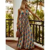 Vestidos casuais estampas florais mulheres sexy boêmio branco maxi verão alta cintura spaghetti tira backless vestido long-weck robe femme