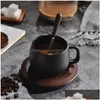 Tasses 250ml créatif noir mat grossier Y tasse à café avec soucoupe en bois cuillère Kit bref céramique Drinkware bureau thé goutte d'eau Deliv Dhyka