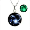 Pendentif Colliers Glow In The Dark 12 Signe du Zodiaque Pour Femmes Hommes Acier Inoxydable Horoscope Verre Cabochons Chaînes Mode Lumineux Dr Otqmw