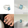 クラスターリングSiology 925 Sterling Sier Natural Pearl Square Blue Zircon for Women Double Leaer Light Luxury 2021 Chic Jewelry Drop Dh0er
