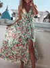 Work Dresses Summer Floral Print V-Neck Sleeveless Dress Women Elegant High Slit Backless Party Maxi Fashion Chic Draped A-Line DressesWork