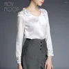 Blusas femininas elegante hollow out renda emendada, senhoras naturais de seda e camisa branca preta real camisa blusa lt1980