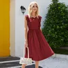 Casual Dresses Summer Solid Color Vintage Dress Ruffled ärmlös fest Rund hals Big Swing 2023 Hög midja A-Line