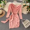 Casual Dresses Spring Autumn Sashes Long Sleeve Waist Tie Pink Black Lady Women 2023 Body-con Tight Dress