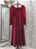 Casual Dresses High Quality 2023 Spring Dress Women Sexy Square Collar Beading Bow Deco Long Sleeve Mid-Calf Length Velvet Red Black