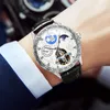 Wristwatches Top Retro Men Mechanical Watch Hollow Multifunction Automatic Wristwatch Fashion Leather Strap Mens Skeleton