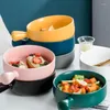 Bowls Nordic Ceramic Salad Bowl With Handle Breakfast Fruit Solid Color Dessert Soup Noodle Microwave Kitchen Tableware