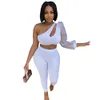 New Designer Spring Two Piece Sets Women Tracksuits Summer outfits Autumn Clothes Sexy One Sleeve Crop Top and Pants Matching Sets Solid Sportswear 8332