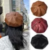 Berets 2023 Leather Vintage Fashion Painter Hat Autumn Winter Caps Male Female Casual Solid Color PU Octagonal Cap