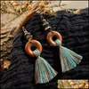 Dangle Chandelier Bohème Fringe Gland Boucles D'oreilles Pour Les Femmes Ethnique Vert Jaune Couleur Goutte Boucle D'oreille Géométrique Bois Boucle D'oreille En Bois Je Dhglk